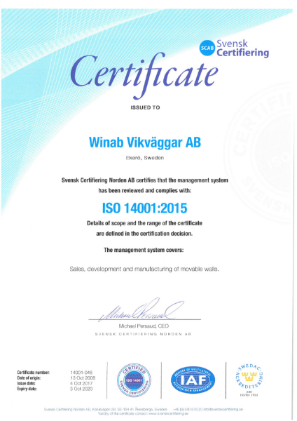 Winab factory ISO 14001 Certificate