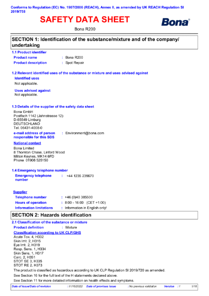 Bona R200 - Safety Data Sheet