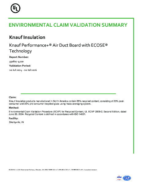 UL ECV - Recycled Content - Performance+® Air Duct Board