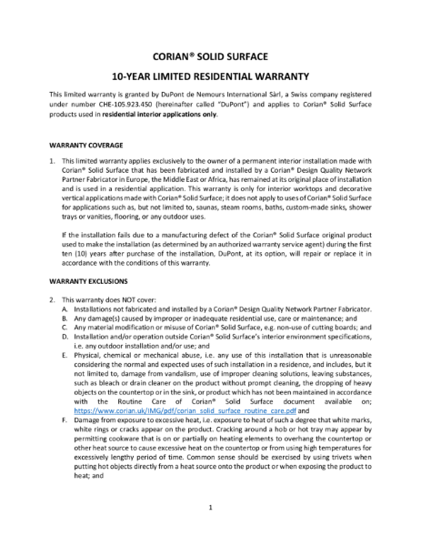 Corian® Solid Surface Residential Warranty