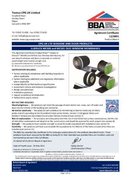 BBA Certificate ME508 and ME501 Duo Window Membranes