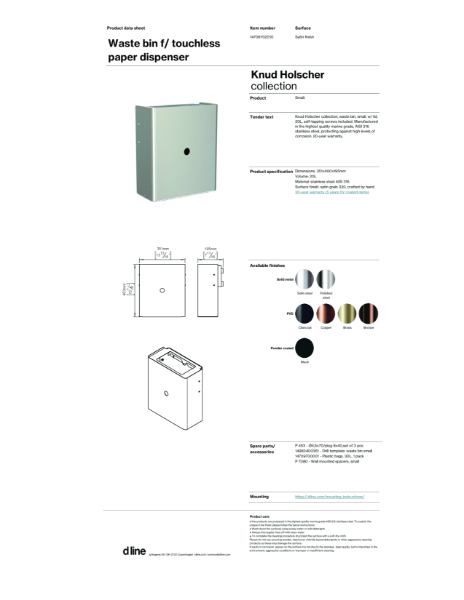 Waste bin f/ touchless paper dispenser, small 25L (data sheet)