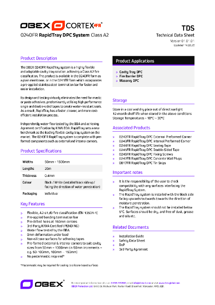 OBEX CORTEX 0240FR RapidTray - Technical Data Sheet