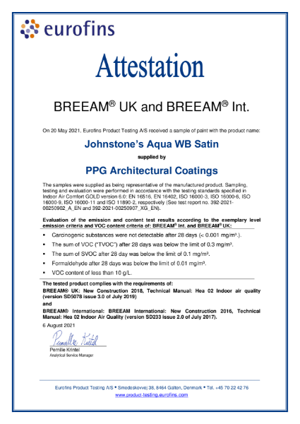 BREEAM Attestations - Eurofins Product Testing - Johnstone's Aqua Water Based Satin