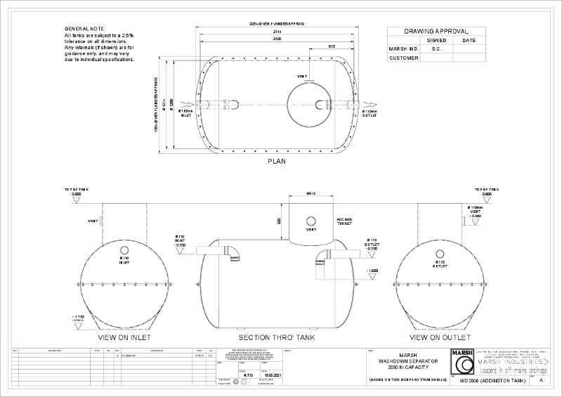 WASH DOWN - 2000L - SINGLE CHAMBER - ADDINGTON TANK (1.2m dia x 2.1m lg) (Rev.A)
