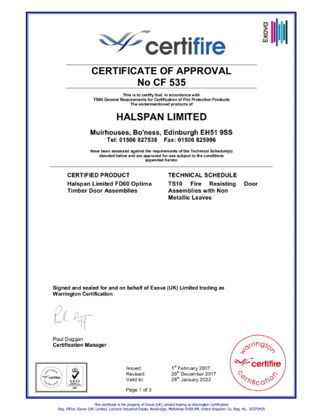 Halspan Optima 60 Certifire Certificate of Approval CF535