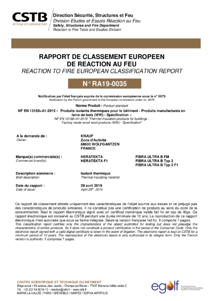 Fire classification report Heraklith Heratekta wood wool combi board