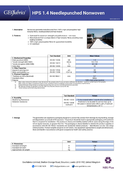 HPS 1.4 Needlepunched Nonwoven Product Data
