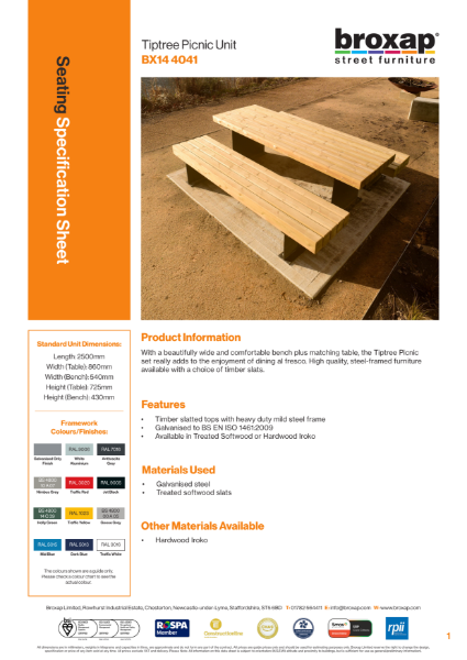 Tiptree Picnic Unit Specification Sheet