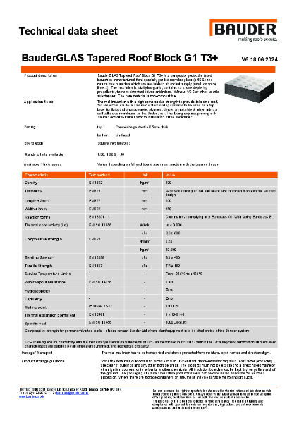 BauderGLAS Tapered Roof Block G1 T3+ - Technical Data Sheet