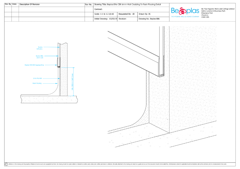 Beplas Elite CE-K Wall Cladding to resin flooring detail drawing