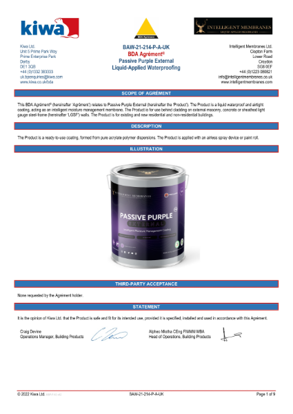 BAW-21-214-P-A-UK BDA Agrément® Passive Purple External Liquid-Applied Waterproofing