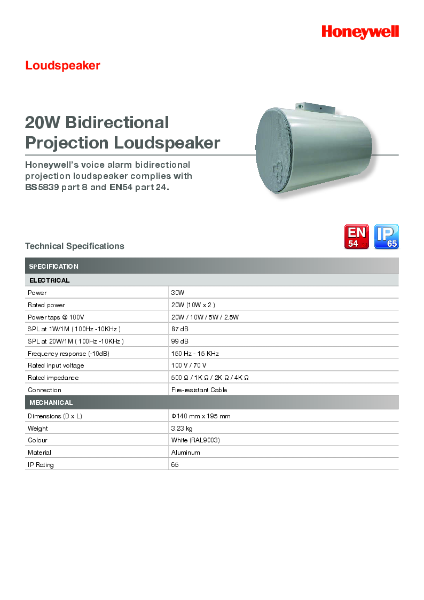 582475 20 Watt Bi-directional Loudspeaker EN54-24
