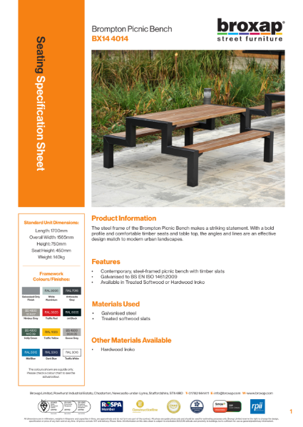 Brompton Picnic Bench Specification Sheet
