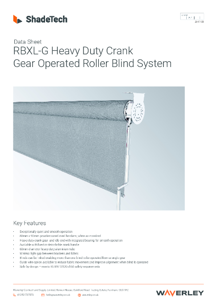 Data sheet ShadeTech RBXL-G gear operated roller blind