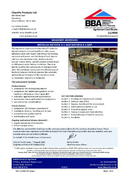 BBA Approval Metofix 3-1 Brick Adhesive