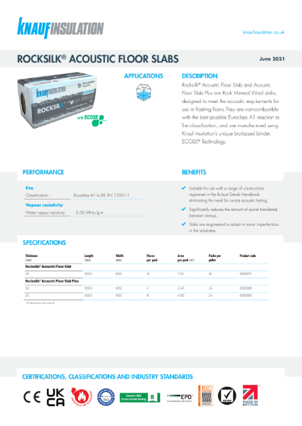 Knauf Insulation Rocksilk® Acoustic Floor Slab Plus Insulation Data Sheet