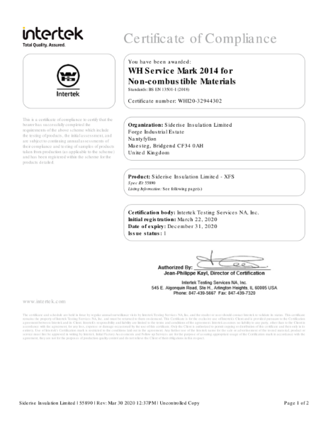 Intertek Certificate of Compliance - Siderise Insulation Ltd - XFS
