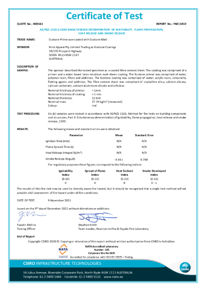 Test Certificate for ECOTONE Matt (AS/NZS 1530.3:1999 Fire Test)
