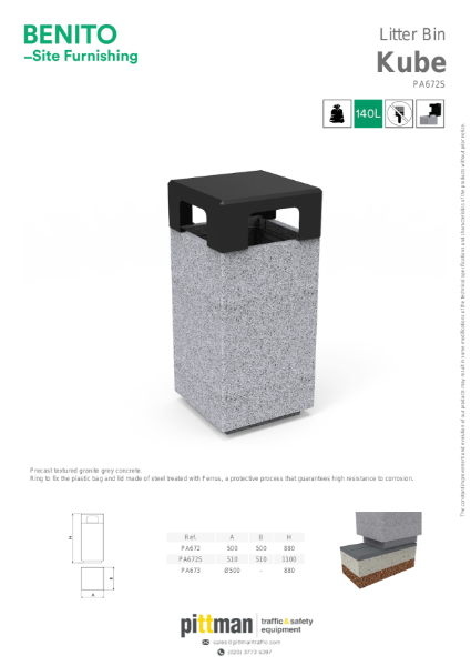 Benito Kube Litter Bin Data Sheet