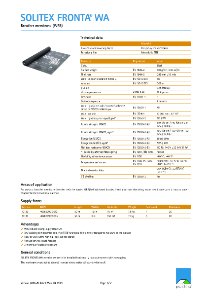 Solitex Fronta WA Technical Datasheet