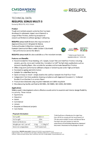 REGUPOL SONUS MULTI 3 - Technical Data Sheet