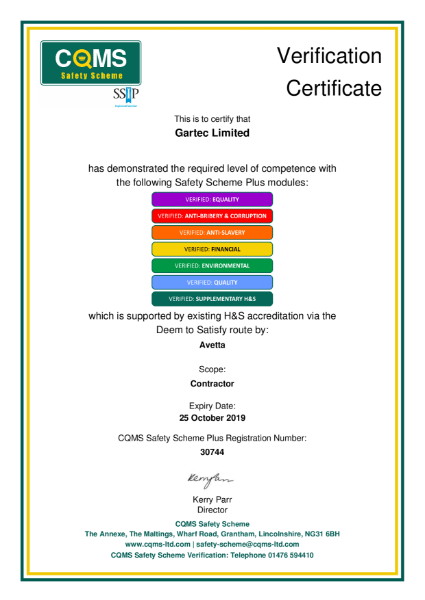 CQMS Safety Scheme Certificate