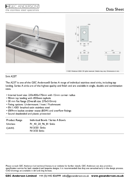 GEC Anderson Data Sheet - Series A sink: A23T