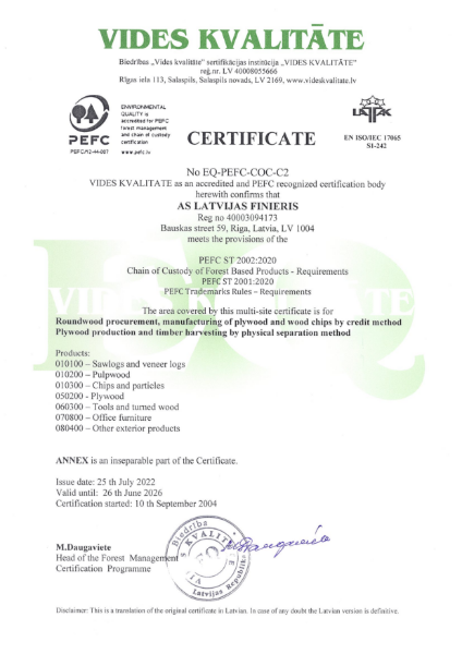 PEFC certificate