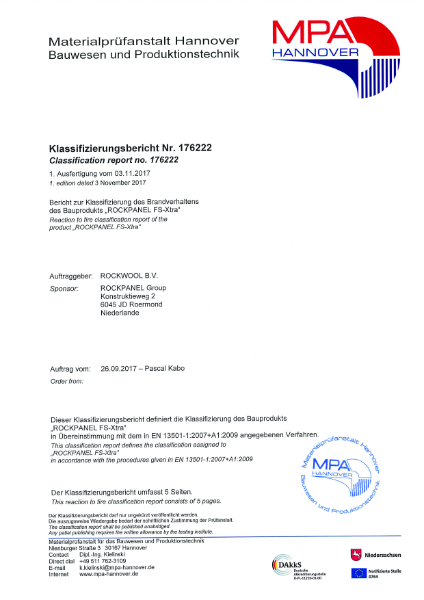 Rockpanel MPA_176222 Reaction to fire classification FS-Xtra