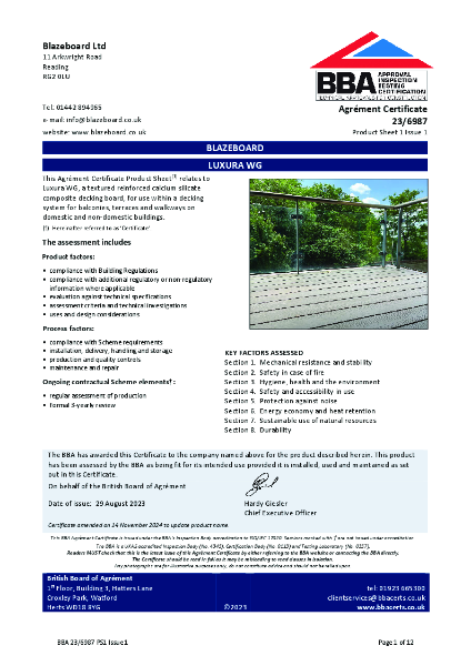 BBA Certificate for Luxura Woodgrain Mineral Composite Decking
