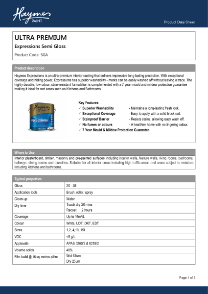 Expressions Semi Gloss Acrylic Product Data Sheet.