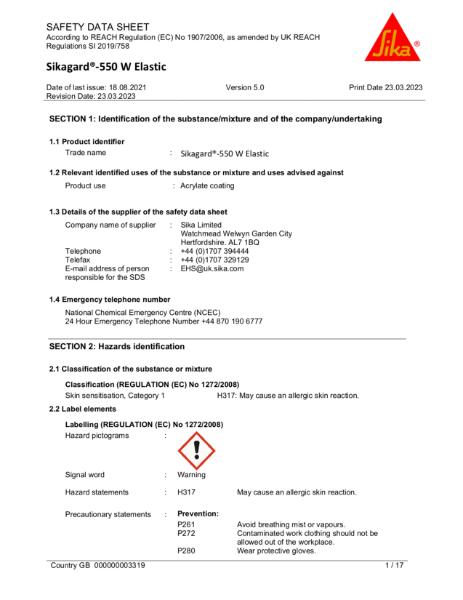 Sikagard 550w Elastic Safety data sheet