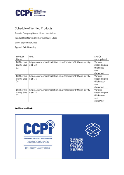 Knauf Insulation DriTherm® Cavity Slabs - Schedule of Verified Products