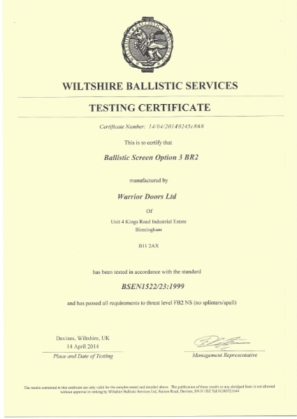 Ballistic Test Certificate Screen Option 3 BR2