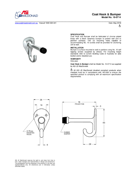 Coat Hook and Bumper Specification Sheet