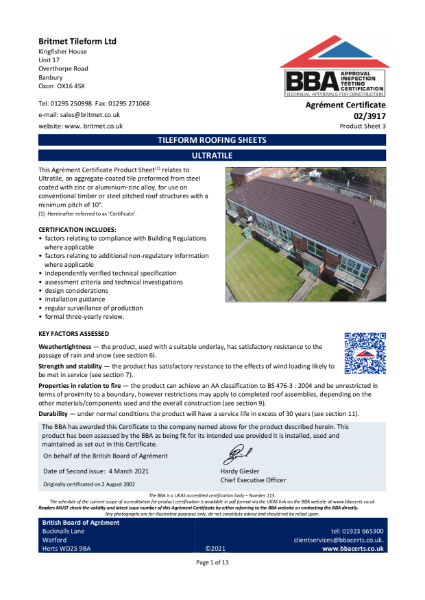 BBA Certificate Ultratile - 02/3917