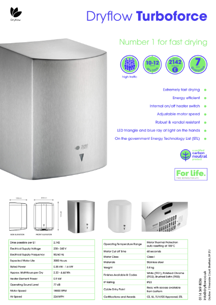 Hand Dryer Spec Sheet - Dryflow® Turboforce® Carbon Neutral Hand Dryer