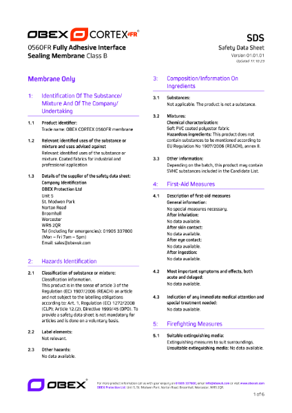 OBEX CORTEX 0560FR Class B Self-Adhesive ISM - SDS
