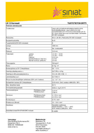 Tuotetietokortti - Siniat LN 13 Normaali Kipsilevy