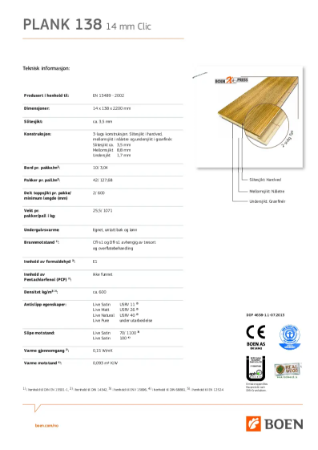 Teknisk Informasjon Plank 138 14mm Clic