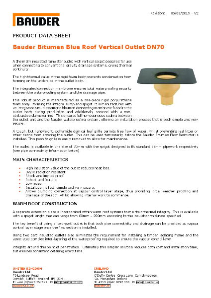 Bauder Bitumen Blue Roof Vertical Outlet DN70 - Product Data Sheet