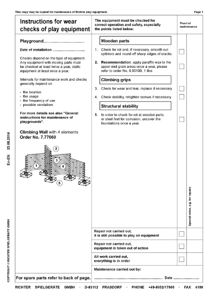 7.77060 - Climbing Wall - Maintenance Instructions