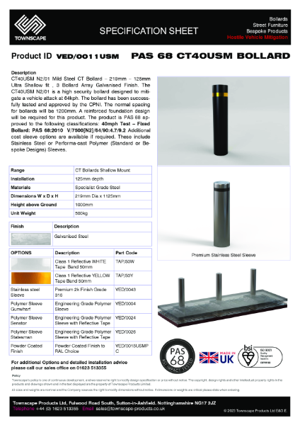 PAS 68 Bollard CT40 N2/01 VED0011USM