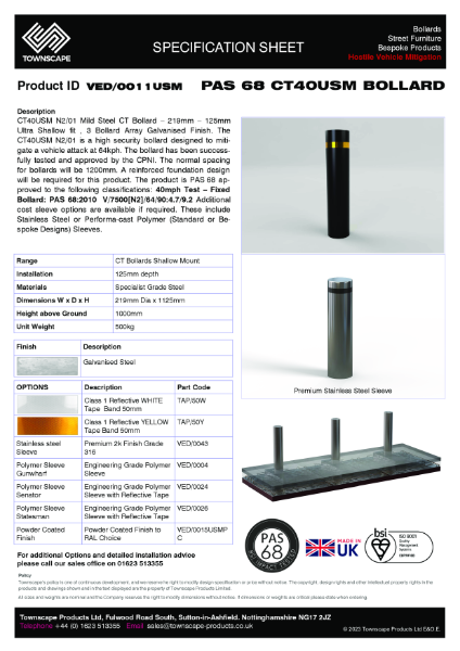 PAS 68 Bollard CT40 N2/01 Specification Sheet VED0011USM