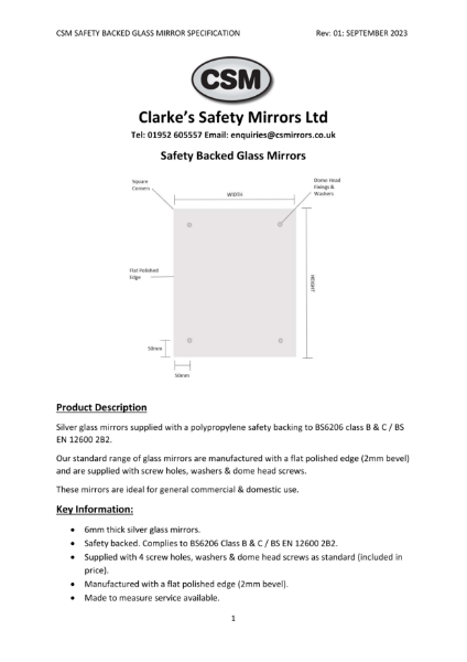 CSM Safety Glass Mirror Specification Rev01