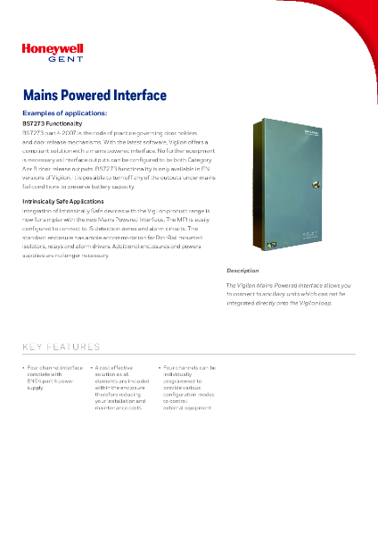 Honeywell Gent S4-34440-02 and S4-34440-12 Mains Powered Interface