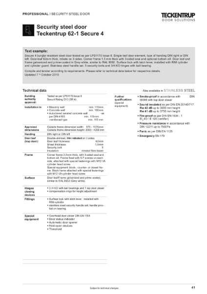 Security Steel Door LPS 1175 Issue 8 D10 (SR4) 62-1 Secure 4 (Technical Data)