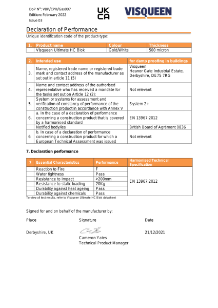 Gas UKCA Visqueen Ultimate HC Blok Declaration of Performance