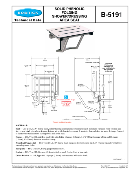 Solid Phenolic Folding Shower/ Dressing Area Seat - B-5191